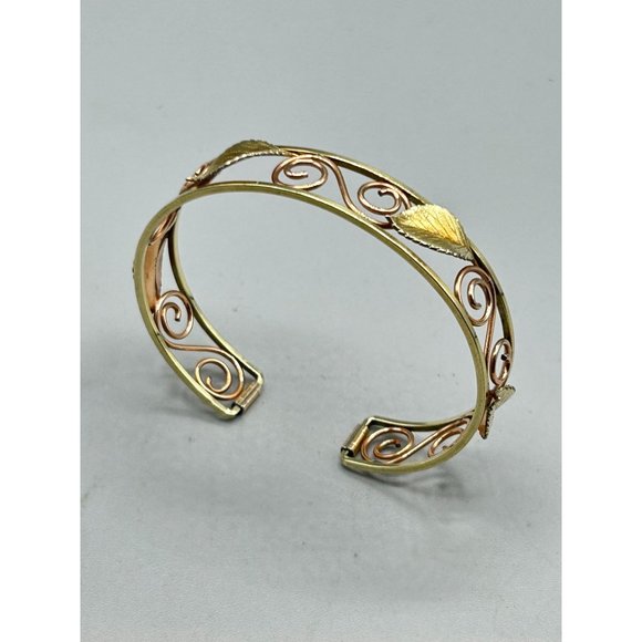 Vintage Signed KREMENTZ Art Deco Design Leaf Swirls Rolled Gold Cuff Bracelet - Picture 3 of 7
